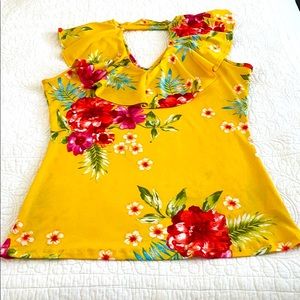 Yellow blouse with tropical flower print